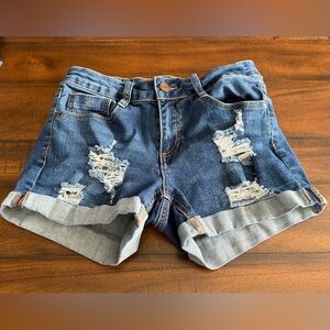 Dollhouse Women’s Denim Shorts Distressed Cuffed Hem Blue Jean Shorts 4”